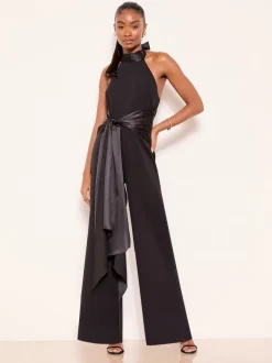 Lipsy Black Petite Halter Neck Satin Drape Jumpsuit