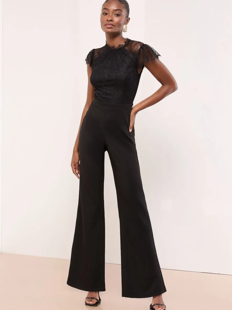 Lipsy Black Petite Lace High Neck Short Sleeve Jumpsuit