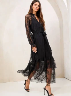 Lipsy Black Petite Lace Ruffle Long Sleeve Midi Dress