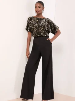Lipsy Black Petite Leopard Print Sleeveless Cowl Neck Jumpsuit