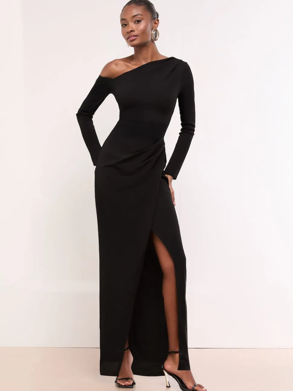 Lipsy Black Petite Long Sleeve Off The Shoulder Gathered Waist Maxi Dress