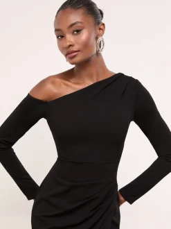 Lipsy Black Petite Long Sleeve Off The Shoulder Gathered Waist Maxi Dress