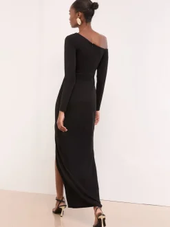 Lipsy Black Petite Long Sleeve Off The Shoulder Gathered Waist Maxi Dress
