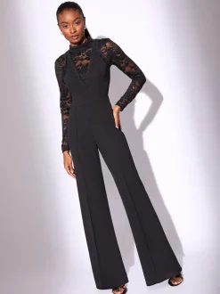 Lipsy Black Petite Long Sleeve Lace High Neck Jumpsuit