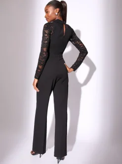 Lipsy Black Petite Long Sleeve Lace High Neck Jumpsuit