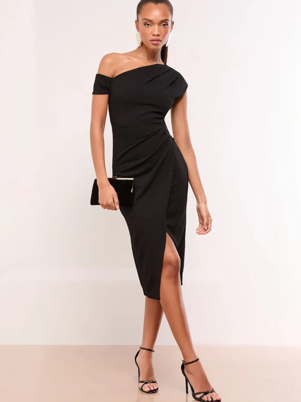 Lipsy Black Petite Off The Shoulder Gathered Waist Midi Dress
