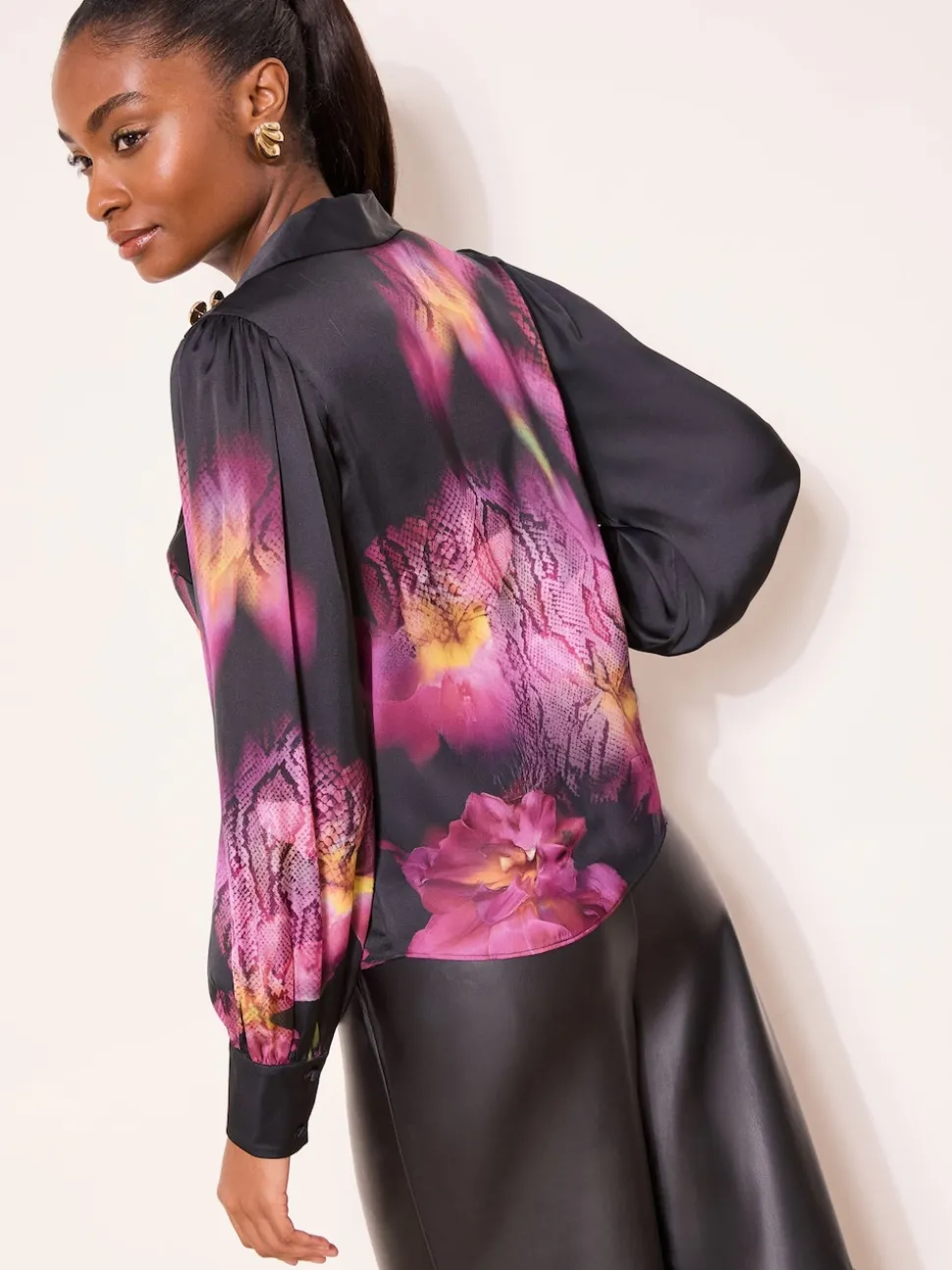 Lipsy Black Pink Floral Print Military Button Detail Satin Shirt