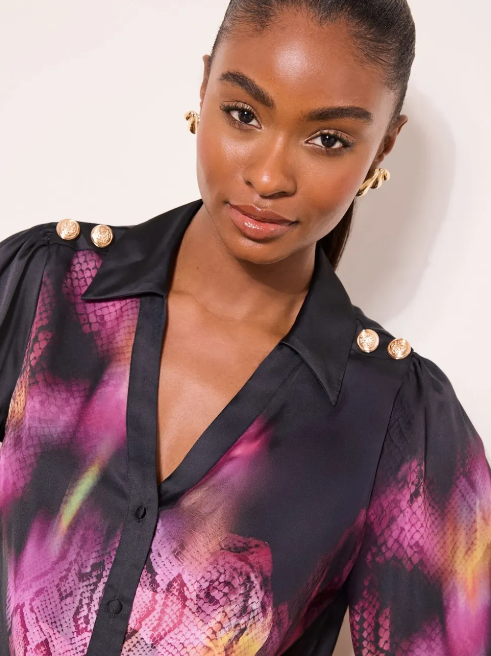 Lipsy Black Pink Floral Print Military Button Detail Satin Shirt