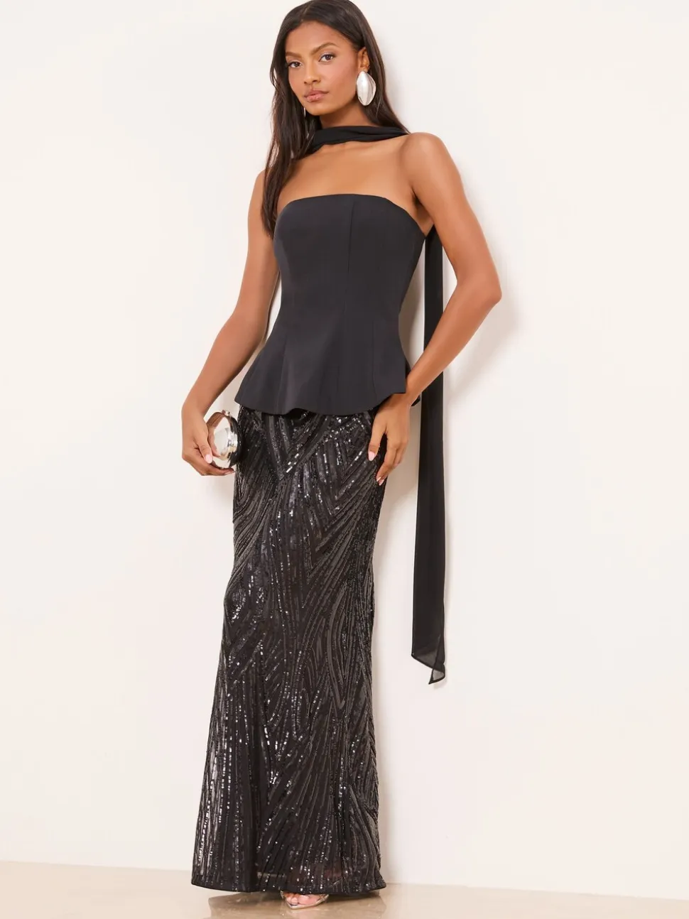 Lipsy Black Premium Bandeau Corset Sequin Combination Maxi Dress
