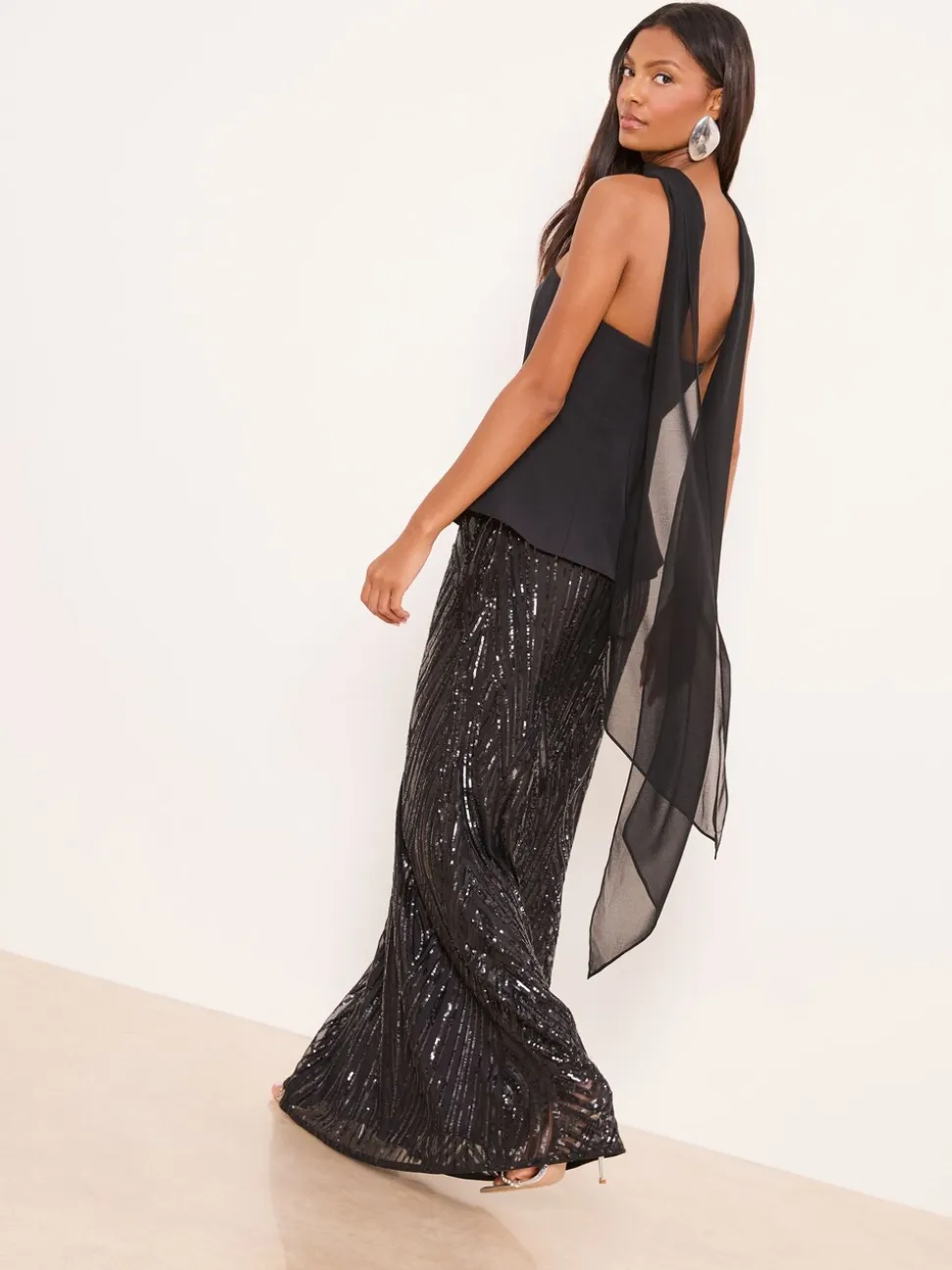 Lipsy Black Premium Bandeau Corset Sequin Combination Maxi Dress