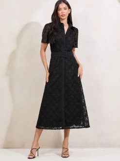 Lipsy Black Premium Lace Belted Shirt Dress