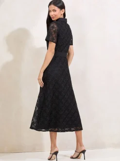 Lipsy Black Premium Lace Belted Shirt Dress