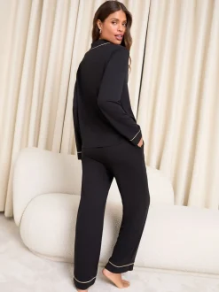 Lipsy Black Print Jersey Long Sleeve and Trousers Satin Trim Pyjamas Set