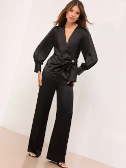 Lipsy Black Satin Hardware Detail Wrap Top