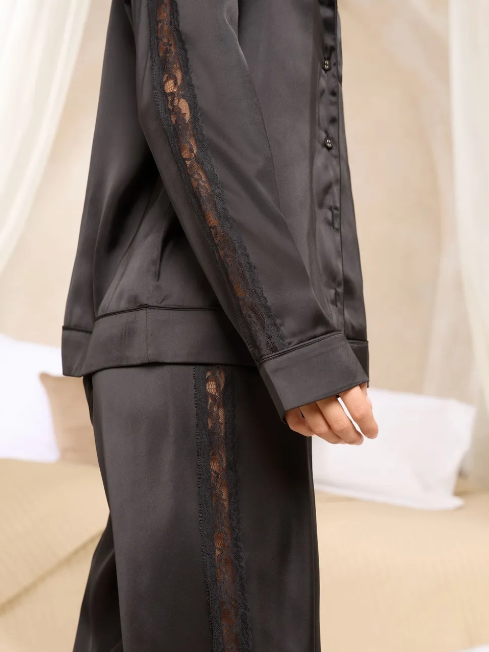 Lipsy Black Satin Long Sleeve Pyjamas Set with Lace Details