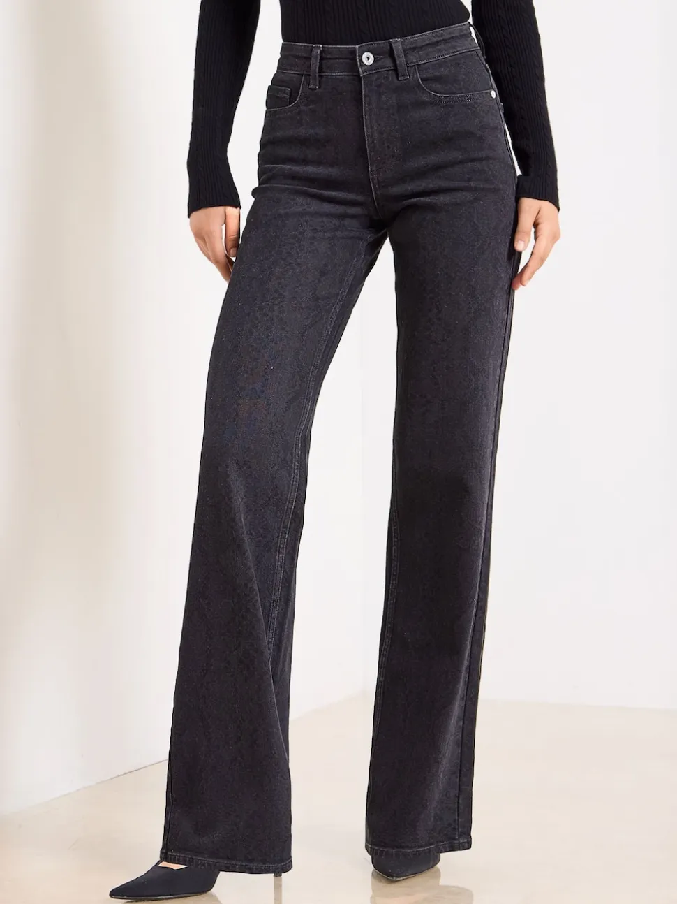 Lipsy Black Snake Print Mid Rise Wide Leg Jeans