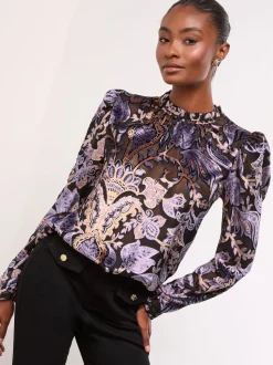 Lipsy Black Velvet High Neck Blouse