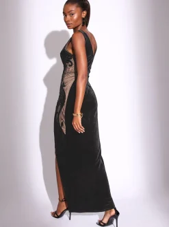 Lipsy Black Velvet Mesh Mix Appliqué Maxi Dress