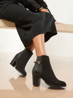 Lipsy Black Wide Fit Faux Leather Mid Heel Almond Toe Mixed Fabric Ankle Boots