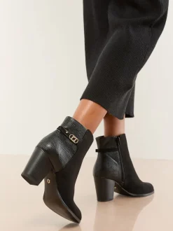 Lipsy Black Wide Fit Faux Leather Mid Heel Almond Toe Mixed Fabric Ankle Boots