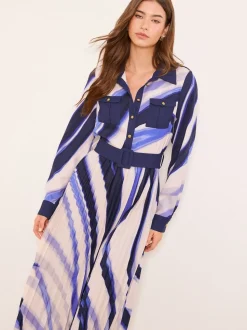 Lipsy Blue Marble Print Woven Pleated Midi Shirt Dress