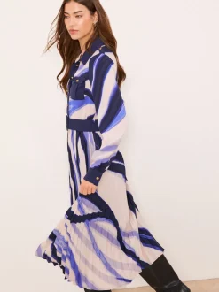 Lipsy Blue Marble Print Woven Pleated Midi Shirt Dress