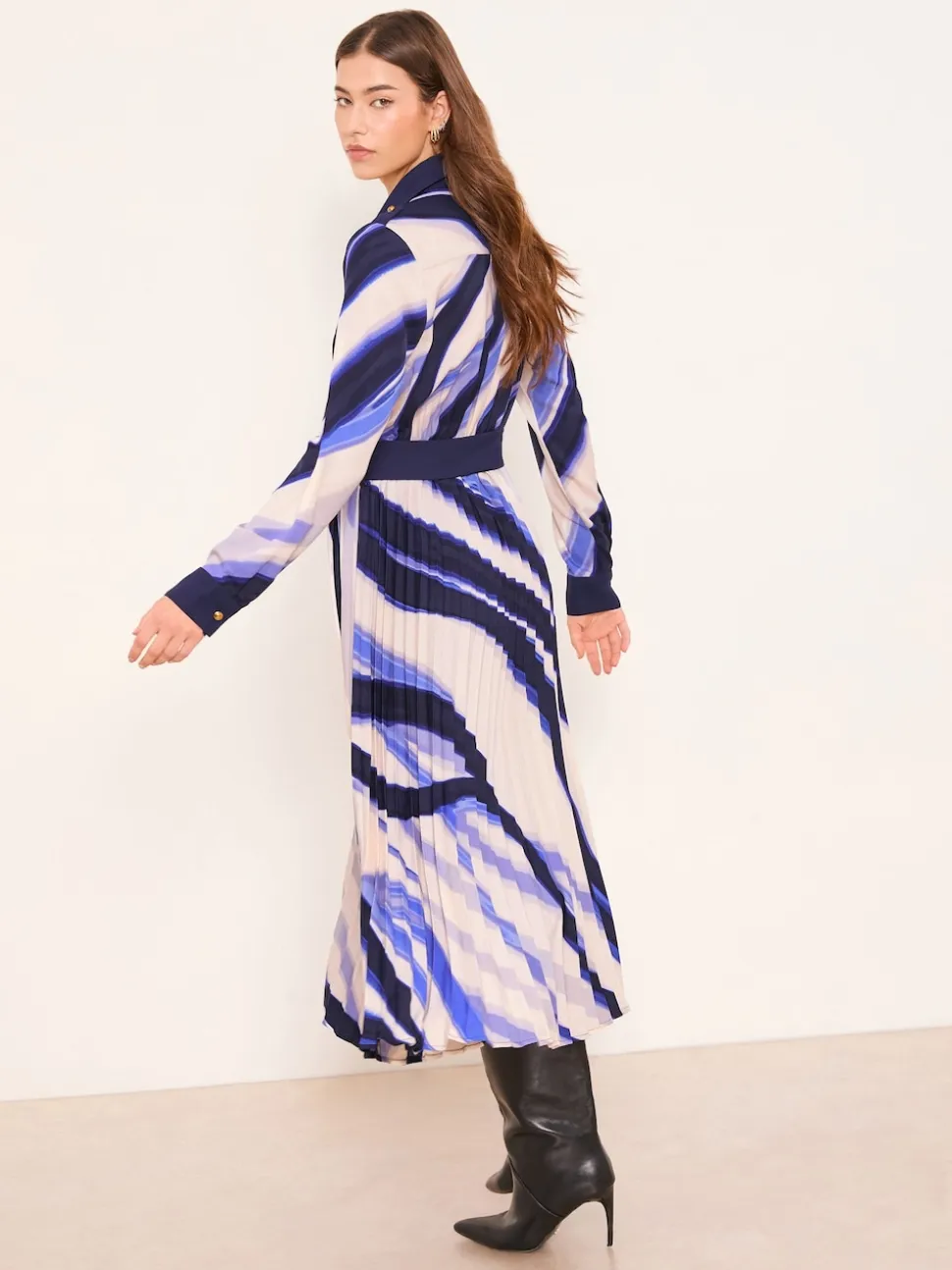 Lipsy Blue Marble Print Woven Pleated Midi Shirt Dress
