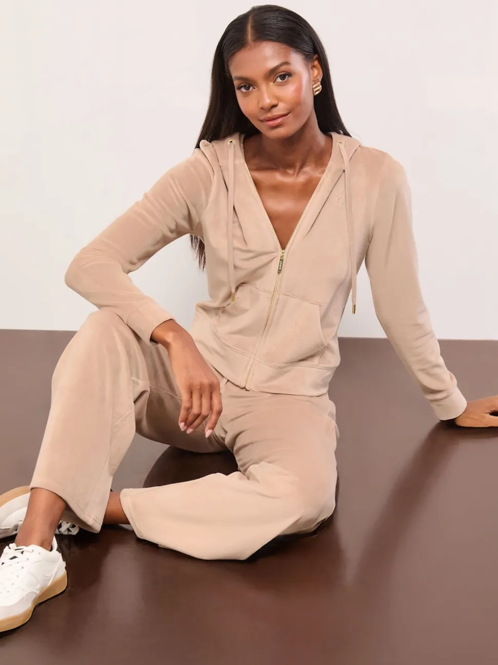 Lipsy Brown Embroidered Velour Zip Through Hoodie