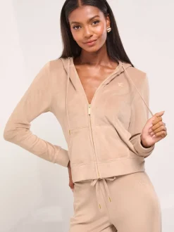 Lipsy Brown Embroidered Velour Zip Through Hoodie