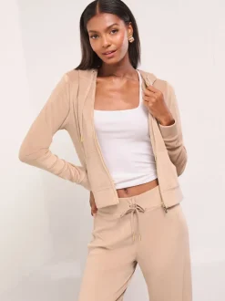 Lipsy Brown Embroidered Velour Zip Through Hoodie