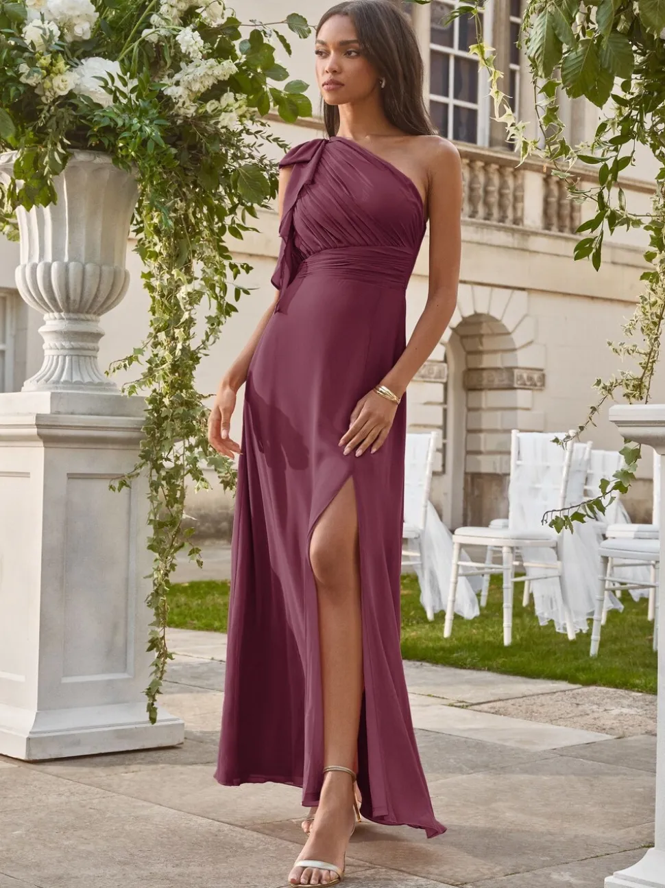Lipsy Burgundy Red Bow One Shoulder Maxi Wedding Bridesmaid Dress