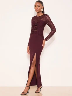 Lipsy Burgundy Red Burgundy Lace Trim Ruched Maxi Dress