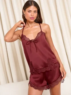 Lipsy Burgundy Red Cami and Shorts Satin Pyjamas Set