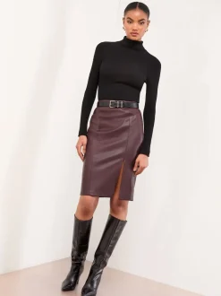 Lipsy Burgundy Red Faux Leather Side Split Midi Skirt