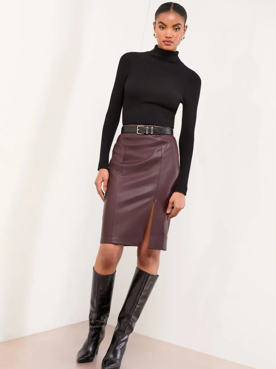 Lipsy Burgundy Red Faux Leather Side Split Midi Skirt