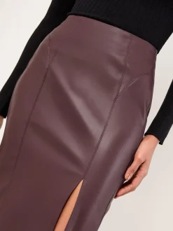 Lipsy Burgundy Red Faux Leather Side Split Midi Skirt