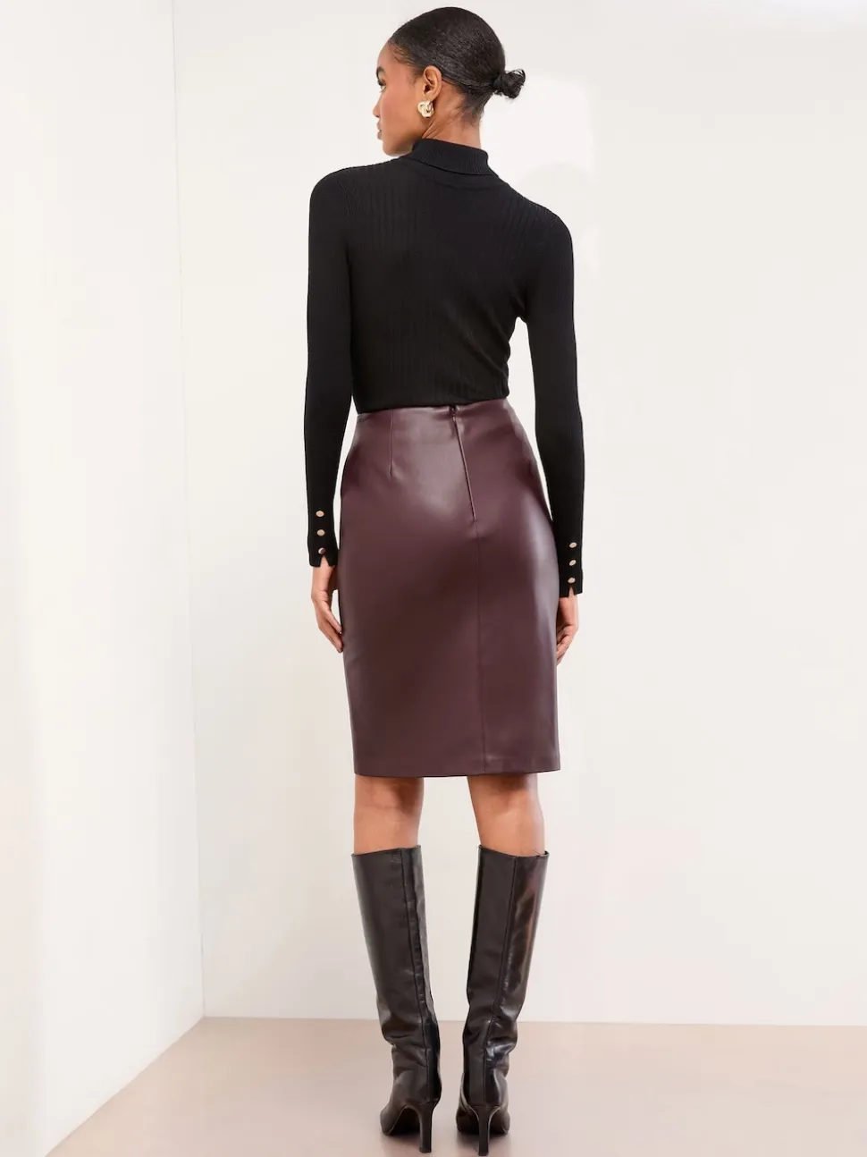 Lipsy Burgundy Red Faux Leather Side Split Midi Skirt