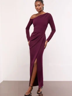 Lipsy Burgundy Red Long Sleeve Off The Shoulder Gathered Waist Maxi Dress