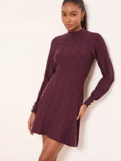 Lipsy Burgundy Red Mini Diamond Knitted Long Sleeve Dress