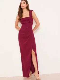 Lipsy Burgundy Red Petite Square Neck Short Sleeve Ruched Maxi Dress