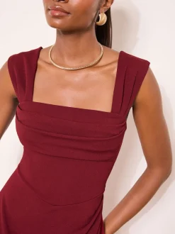 Lipsy Burgundy Red Petite Square Neck Short Sleeve Ruched Maxi Dress