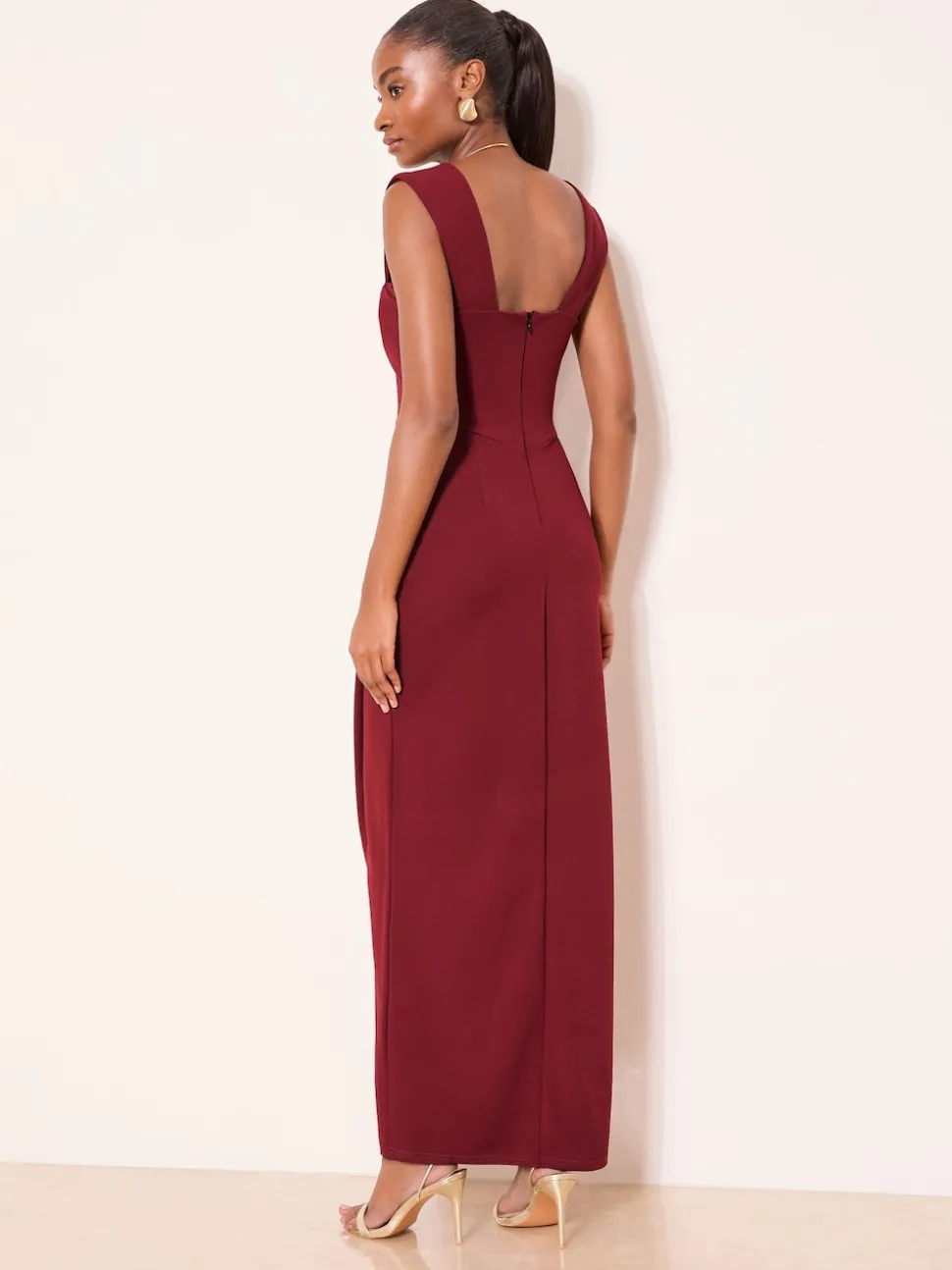 Lipsy Burgundy Red Petite Square Neck Short Sleeve Ruched Maxi Dress