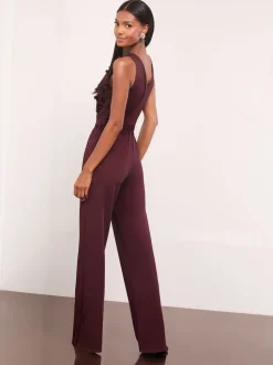 Lipsy Burgundy Red Petite Floral 3D Textured Halter Jumpsuit