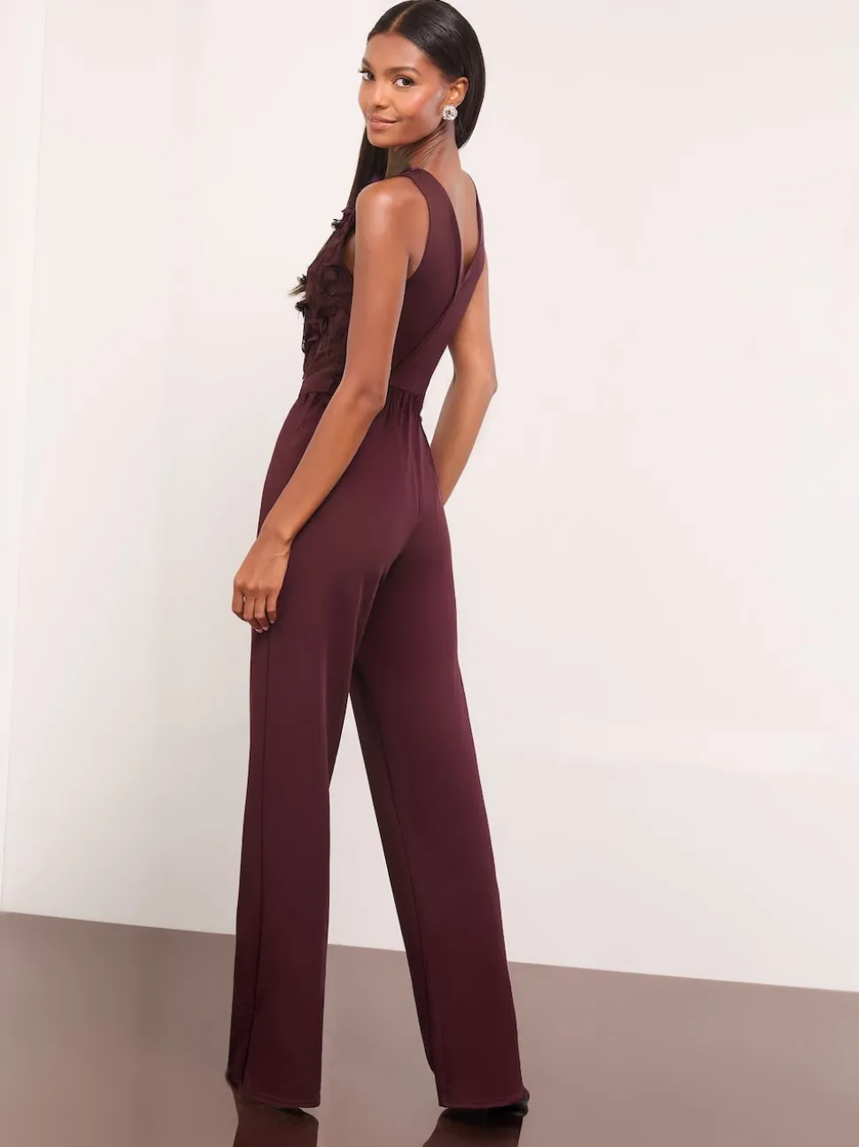 Lipsy Burgundy Red Petite Floral 3D Textured Halter Jumpsuit