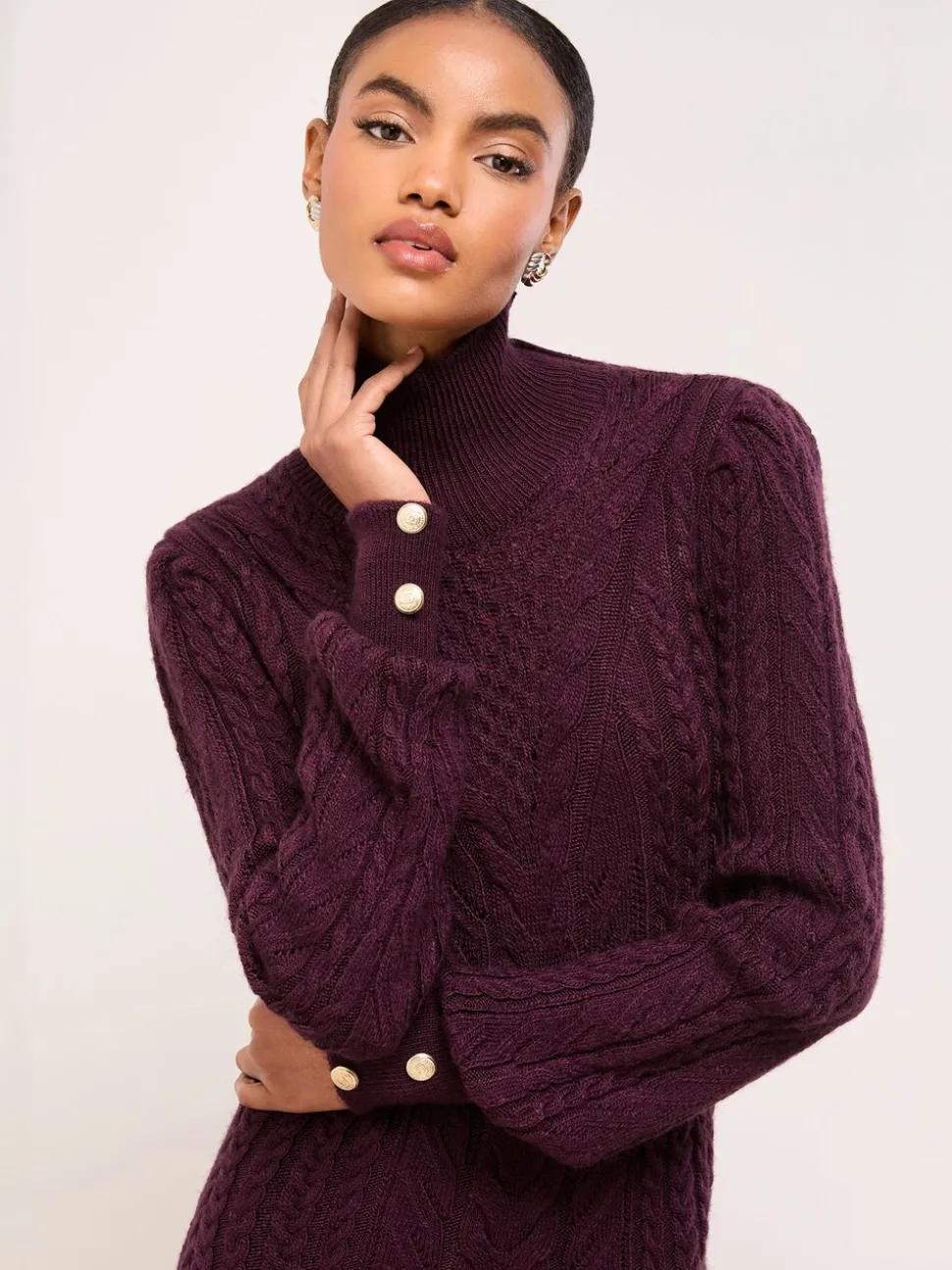 Lipsy Burgundy Red Roll Neck Cable Knit Midi Dress