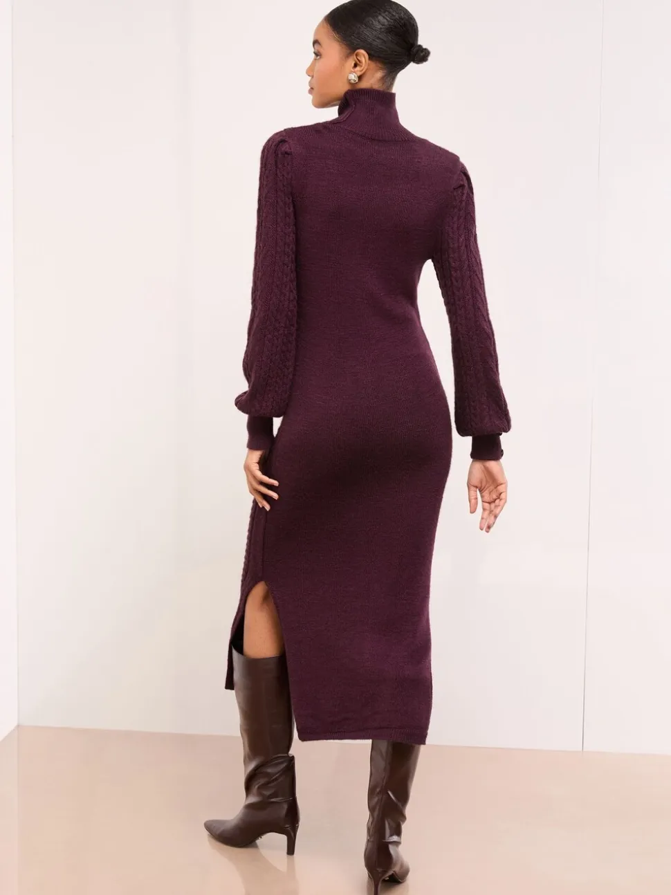 Lipsy Burgundy Red Roll Neck Cable Knit Midi Dress