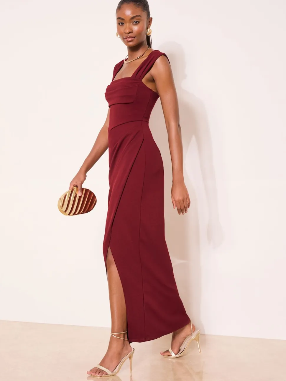 Lipsy Burgundy Red Square Neck Short Sleeve Ruched Maxi Dress