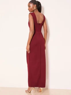 Lipsy Burgundy Red Square Neck Short Sleeve Ruched Maxi Dress