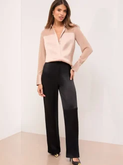 Lipsy Champagne Gold Long Sleeve Satin Chiffon Mix Shirt