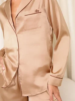 Lipsy Champagne Gold Long Sleeve Printed Satin Pyjamas Set